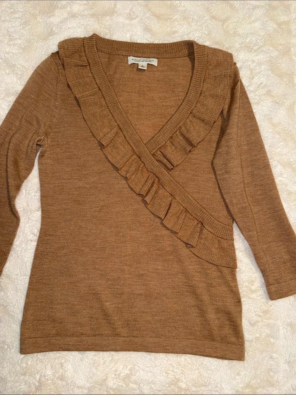 Banana Republic Extra Fine Merino Wool Ruffle-Trim Wrap V-Neck Sweater